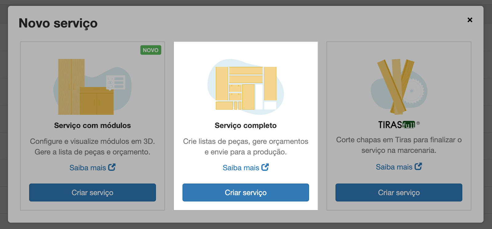 Interface Cortecloud mostrando opções de serviços