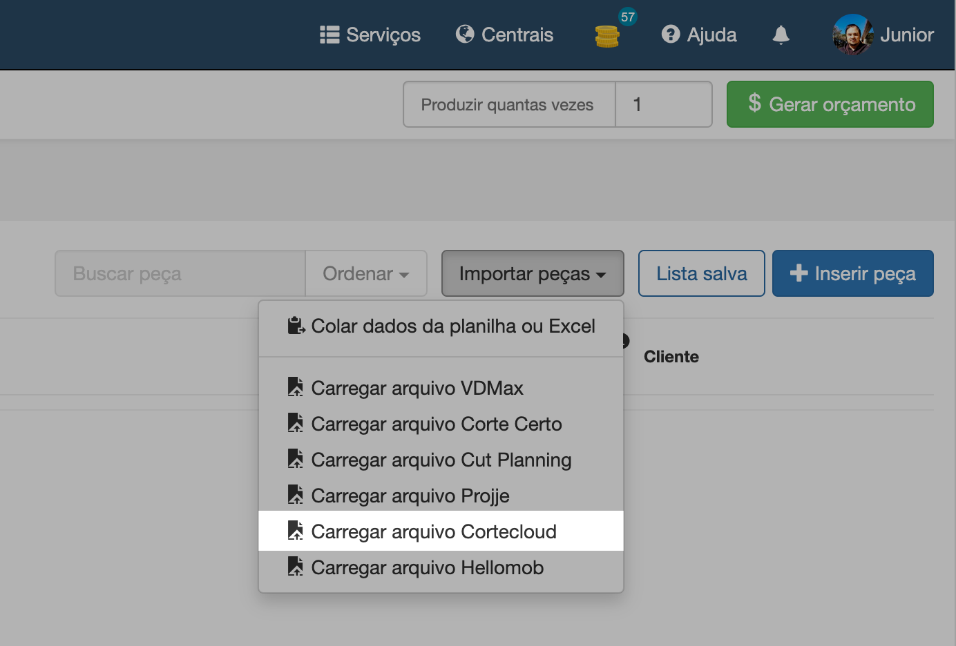 Interface Cortecloud mostrando opções de arquivos para importação