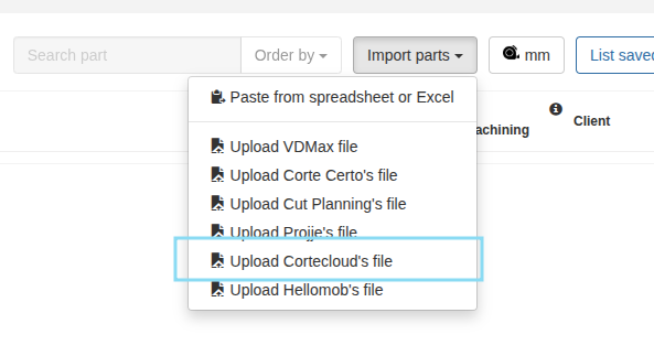 Cortecloud interface showing file import options