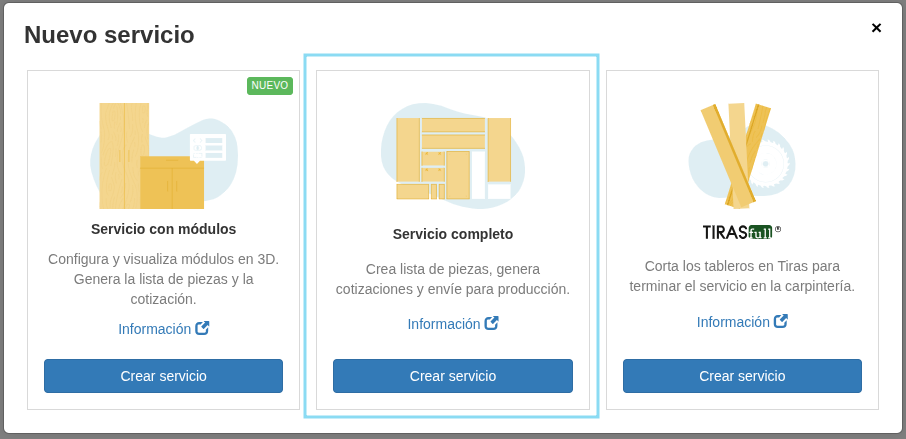 Interfaz de Cortecloud mostrando opciones de servicio