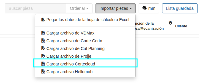 Interfaz de Cortecloud mostrando opciones de importación de archivos