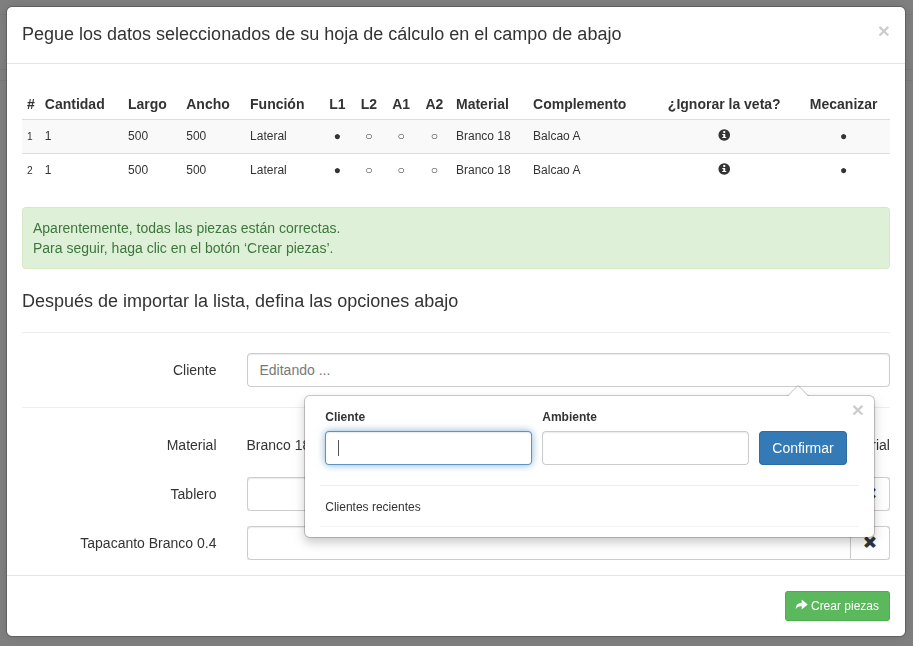 Interfaz de Cortecloud para vinculación de materiales
