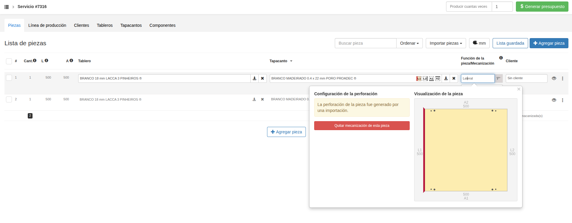 Interfaz de Cortecloud para vinculación de materiales